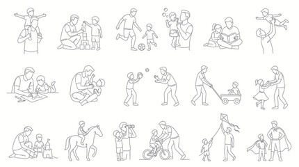 Fototapeta premium Black and White Line Art Collection: Fathers and Children Playing, Learning, and Family Lifestyle Activities
