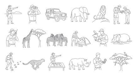 Fototapeta premium Black White Line Art Safari, Wildlife Nature Adventure Icons Set for Exploration and Tourism