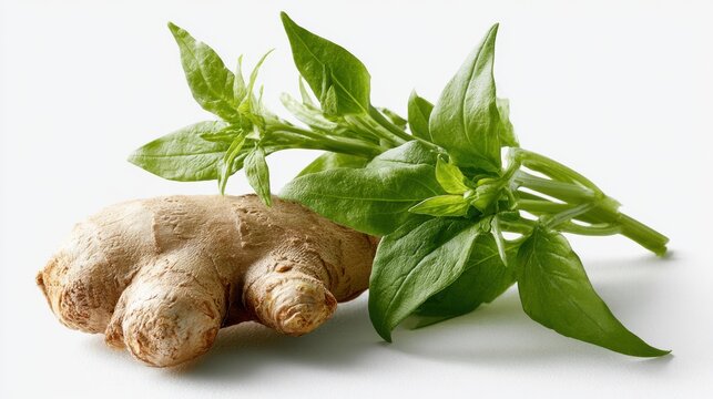 A fresh ginger root and a sprig of basil on a white background
