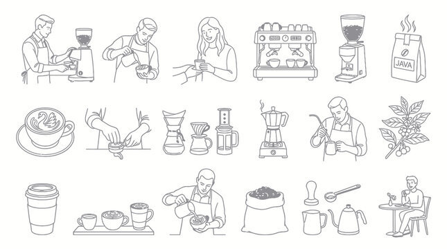 Coffee Making Process  Shop Elements Black and White Line Art Vector Icons Set