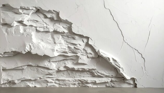White textured wall with sculpted stone relief and cracks