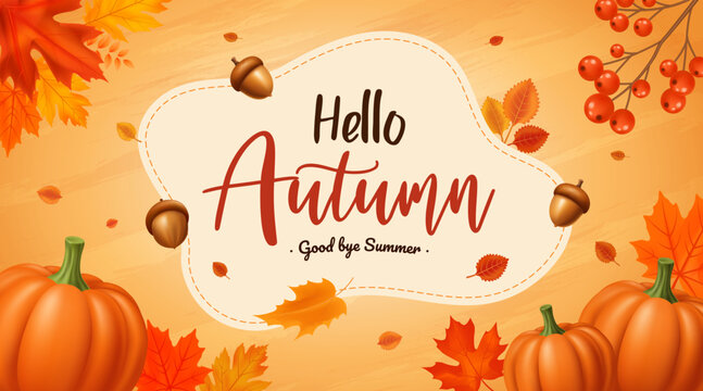 Hello Autumn Composition Background with Pumpkins Maple Leaves Acorns and Autumn Decorations