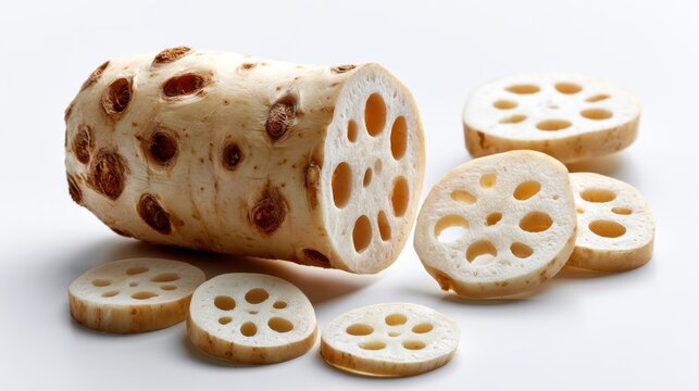 Whole and sliced lotus root with its unique holey pattern