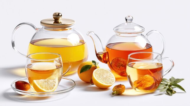 Two glass teapots filled with amber liquid, accompanied by two clear glasses containing tea with lemon slices and assorted fruits