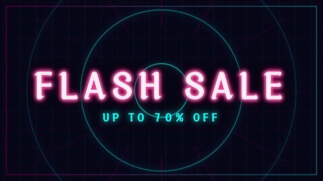 Flashing Neon Pink Flash Sale Up To 70 Percent Off Text on Retro Cyberpunk Grid Background