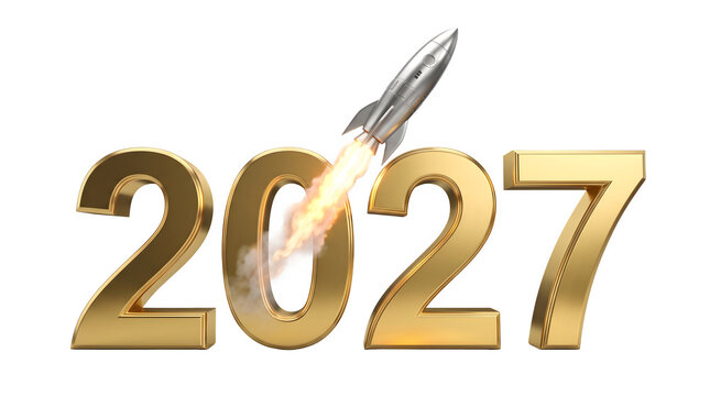 Metallic rocket launching from golden 2027 numerals with three on transparent background