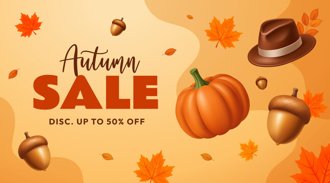 Autumn Sale Banner with Pumpkin Acorns Maple Leaves and Seasonal Fall Decorations