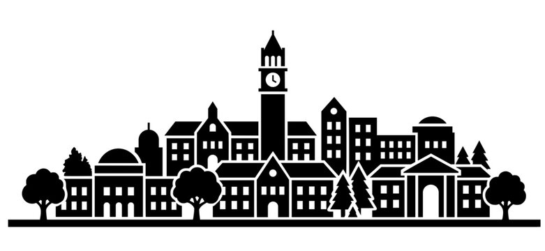 Bold black silhouette of a university campus skyline with clock tower, dome, academic buildings, pine and deciduous trees, minimalist illustration perfect for education and college themes.