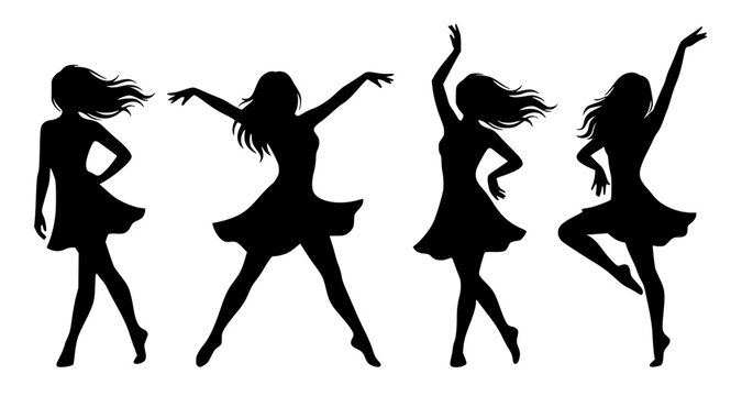 Black silhouettes of four dancers in dynamic poses with flowing hair and short dresses. Bold vector artwork symbolizing rhythm, movement, and expressive dance in elegant style.