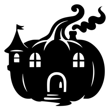 Black silhouette of whimsical pumpkin house with windows, door, chimney, and tower. Bold vector artwork symbolizing fantasy, Halloween, and creativity in playful style.