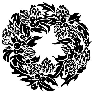 Black silhouette of circular wreath with pinecones, holly leaves, and berries. Bold vector artwork symbolizing winter, holiday, and seasonal decoration in intricate style.