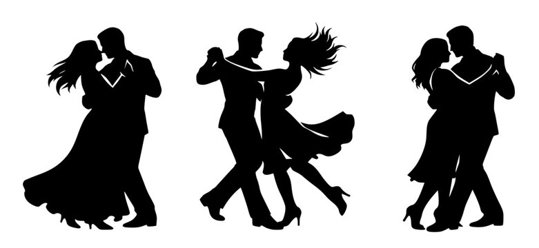 Black silhouettes of three dancing couples in elegant poses. Bold vector artwork symbolizing rhythm, romance, and performance in expressive style.
