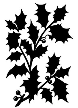 Black silhouette of holly leaves with clustered berries. Bold vector artwork symbolizing winter, holiday, and festive decoration in minimalist style.