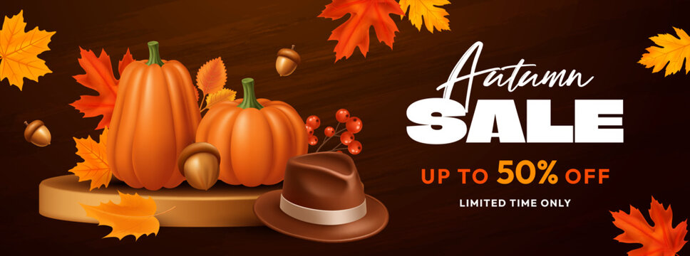 Autumn Sale Wide Web Banner with Pumpkins Acorns Maple Leaves and Seasonal Decorations