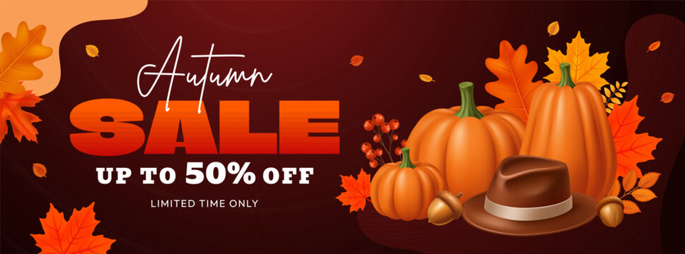 Autumn Sale Promotional Web Banner with Pumpkins Fall Leaves Acorns and Fedora Hat