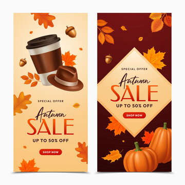 Autumn Sale Vertical Banner Template with Coffee Cup Pumpkins Leaves and Shop Now Button