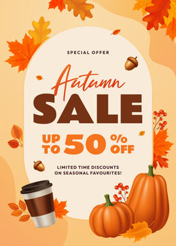 Autumn Sale A4 Promotional Poster with Seasonal Leaves Pumpkins Coffee Cup and Discount Offer