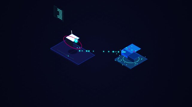 Isometric data transfer animation: digital network connection and cloud computing concept