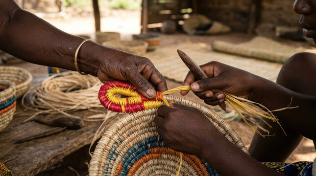 Artisan hands weaving colorful basket with natural fibers.