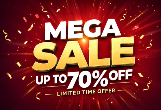 Bright and eyecatching mega sale banner with golden text and confetti explosion background