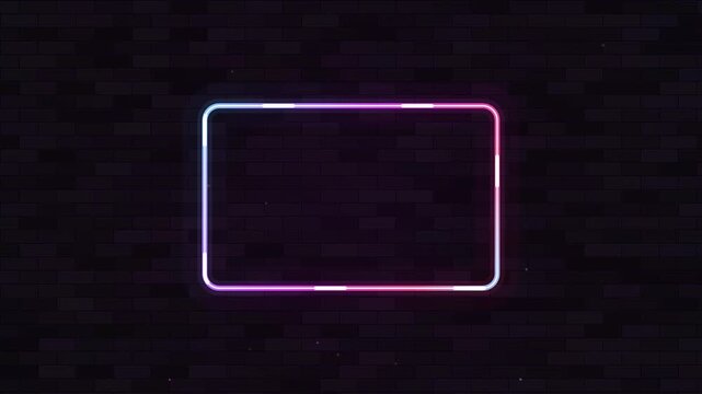 Neon glowing rectangular frame border with cyberpunk light effects on dark brick wall background rectangle