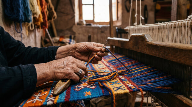 Elderly hands weaving colorful fabric on a traditional loom.