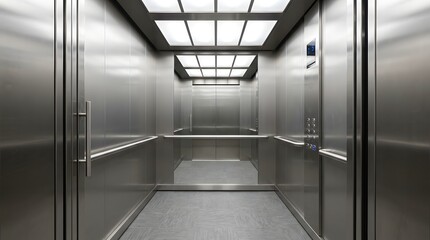 Obraz premium Modern Stainless Steel Elevator Interior with Bright Ceiling Panels