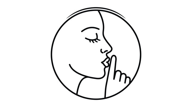 Minimalist line drawing of a woman with finger on lips in a circle