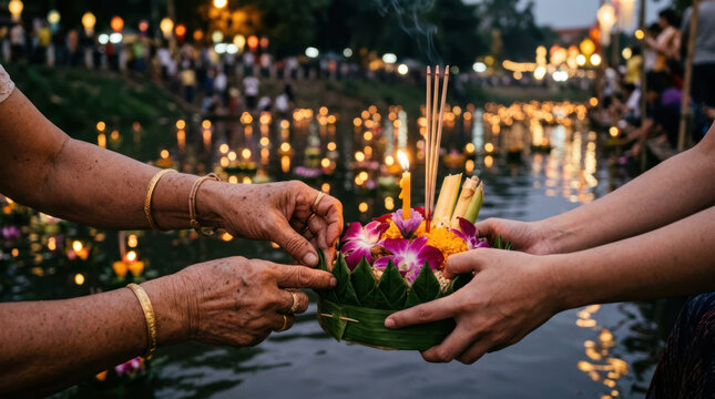 Hands placing offerings on a krathong for Loy Krathong festival.