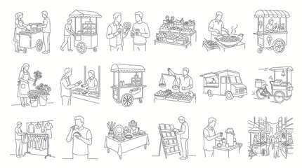 Fototapeta premium Black White Line Art of Diverse Street Food Vendors and Markets