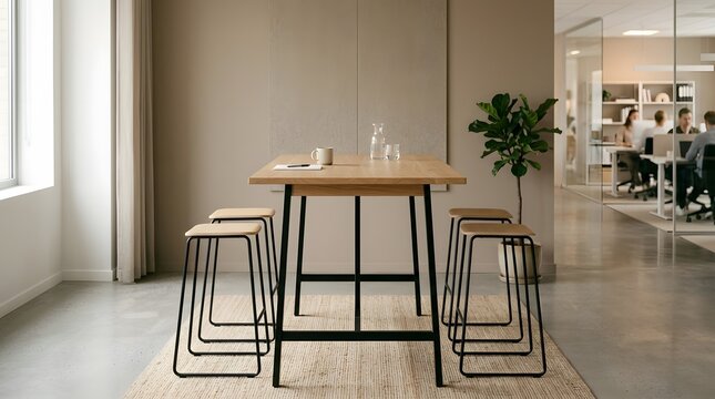 Modern Office Meeting Area with Wooden High Table and Stools