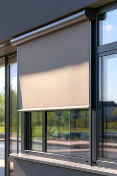 Modern roller blind partially lowered on a contemporary building facade