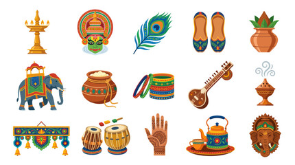 Fototapeta premium India Traditional Culture Flat Vector Icons Set. Festival Symbols, Art, and Objects Collection.