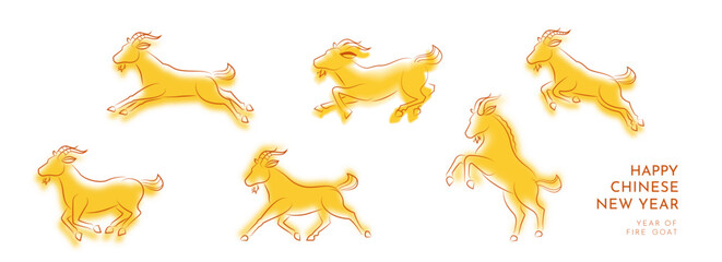 Obraz premium Chinese New Year 2027 Year of the Goat Greeting Design Featuring Multiple Golden Goat Zodiac Animals in Dynamic Traditional Chinese Illustration Style. Editable Vector Illustration 