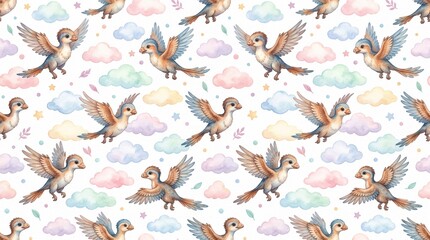 Fototapeta premium Cute Watercolor Baby Archaeopteryx Flying in Pastel Sky Pattern