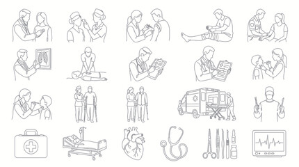 Fototapeta premium Medical Healthcare Black and White Line Art Icons Set: Doctor, Patient, Hospital Equipment Illustrations