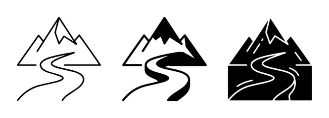 Fototapeta premium Mountain Landscape Icons, Road Journey Vector Graphics, Scenic Adventure Symbols