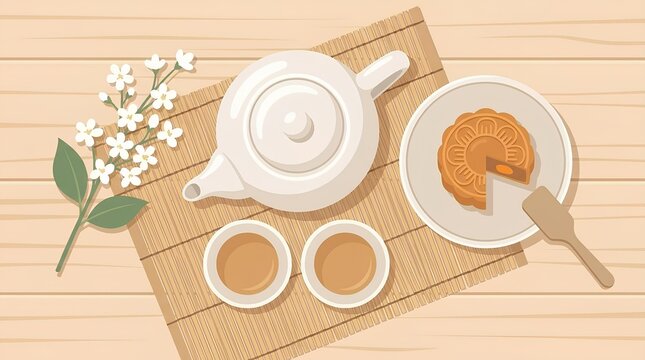 Top View of Tea Set and Mooncake on Bamboo Mat.