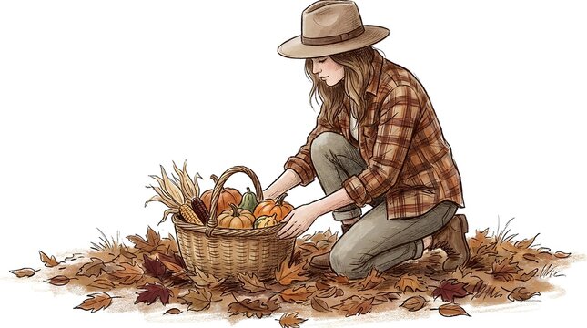 Woman harvesting pumpkins into basket surrounded by autumn leaves on white background.