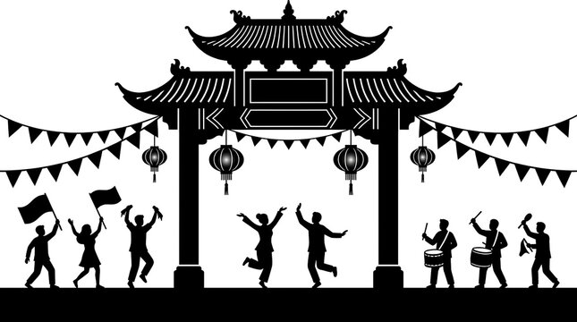 Traditional Chinese gate silhouette with dancing people and flags.