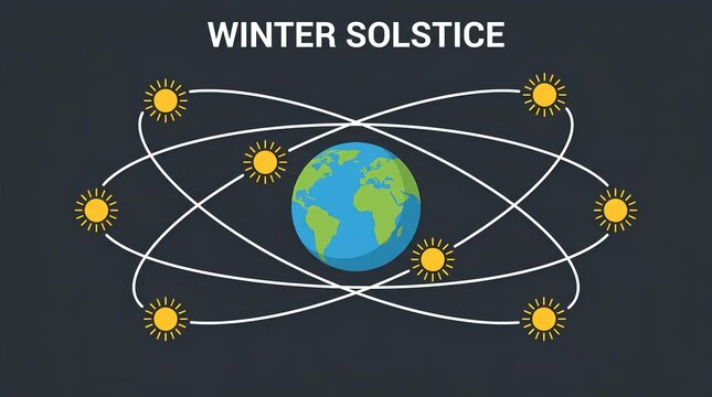 Winter Solstice astronomical diagram showing Earth's orbit and sun positions around the globe.