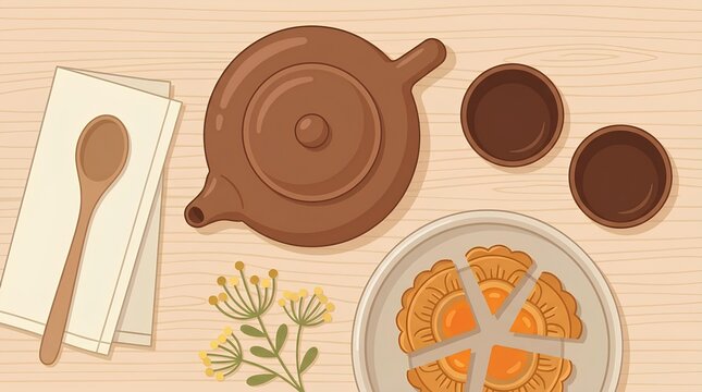 Traditional brown clay teapot with mooncake and tea cups on light wood.