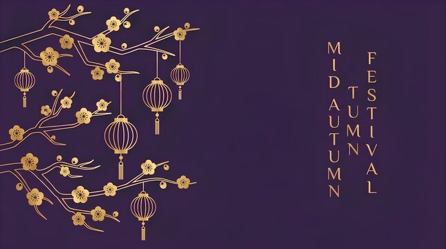 Traditional Mid-Autumn Festival card with golden plum blossoms and hanging lanterns.