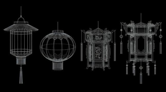 Traditional Chinese lantern wireframe collection on black background.