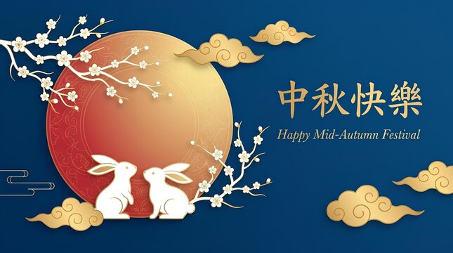 Traditional Mid-Autumn greeting with rabbits and full moon.