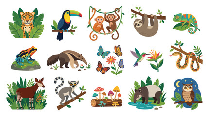 Naklejka premium Flat Style Cartoon Rainforest Animals Collection - Jaguar, Toucan, Sloth, Monkey, Snake