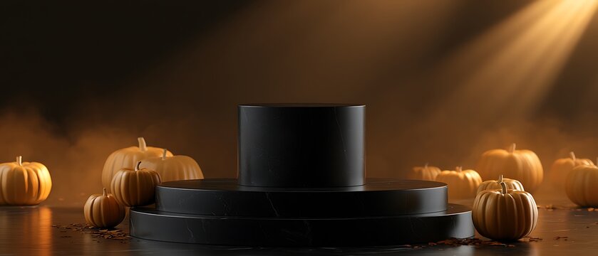 Black marble product display podium surrounded by autumn festive orange pumpkins