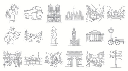 Fototapeta premium Travel Icons Black and White Line Art, Cityscape, Landmark, Transportation Vector