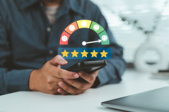 Feedback scale and five star rating system on smartphone screen while user submits review, representing digital satisfaction, trust evaluation, customer experience, and online service quality analysis