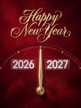Happy new year celebration countdown clock transitioning from two thousand twenty six to twenty twenty seven with textured velvet background pointing between years displays golden clock